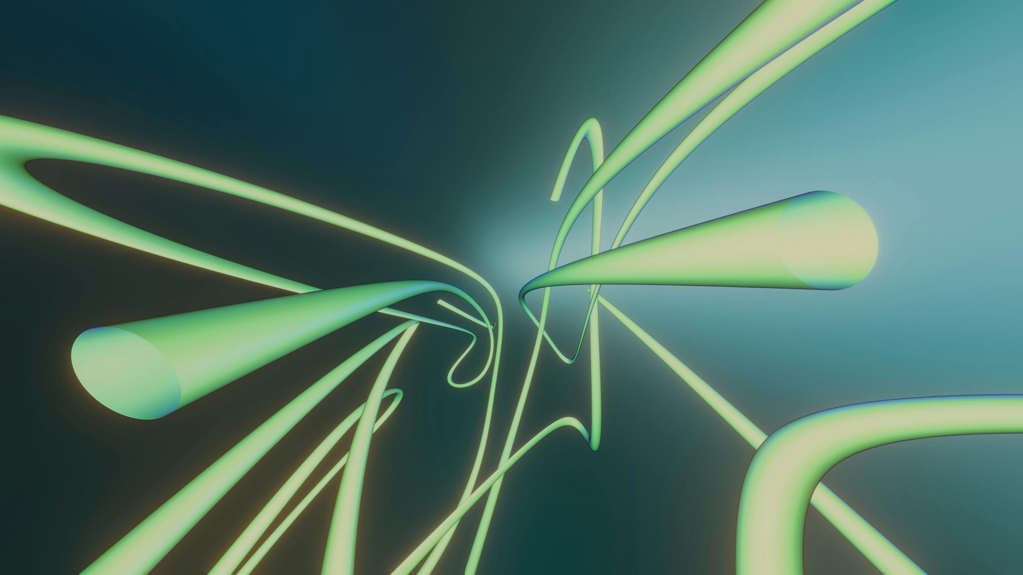 Dynamic green swirls on a blue gradient background create a futuristic abstract design.